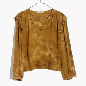 Madewell Brown Tan Tie-Dye Ruffle-Shoulder Long Sleeve V Neck Top Size Small